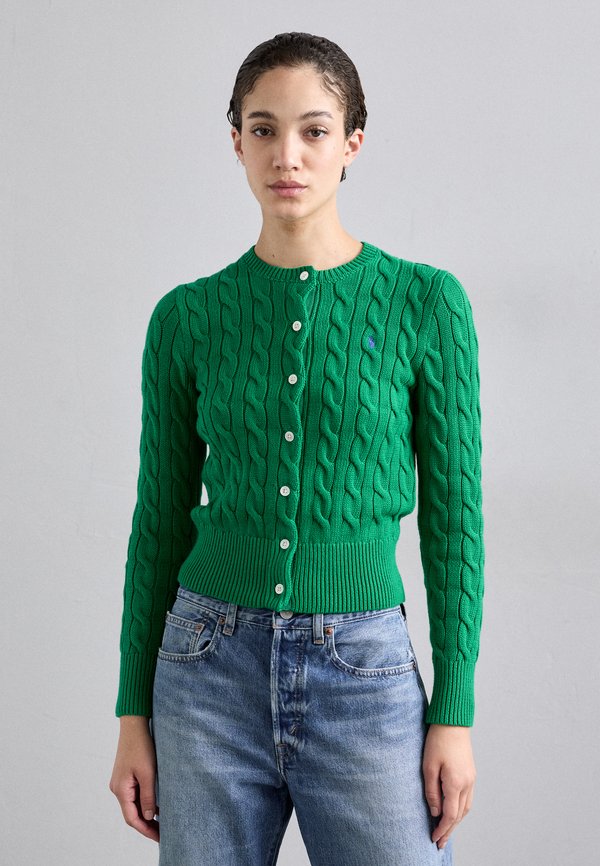 CABLE KNIT COTTON CREWNECK CARDIGAN - Cardigan - billiard