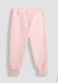 Helle rosa, weiche Stoff-Jogginghose mit elastischem Bund und Bündchen, flach auf einem hellgrauen Hintergrund ausgelegt.