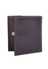 Portafoglio in pelle marrone con texture liscia, design pieghevole e chiusura a scatto in argento. Caratterizzato da più slot per carte e un scomparto per le banconote.
