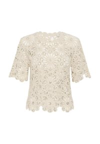 Blouse courte en dentelle crème à manches courtes, avec motif floral découpé et petites paillettes, ourlet et bords de manches festonnés.