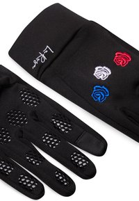 Svarta sporthandskar med texturerat svart gummigrepp på handflatorna. Har broderade rosor i rött, vitt och blått vid handledsområdet.
