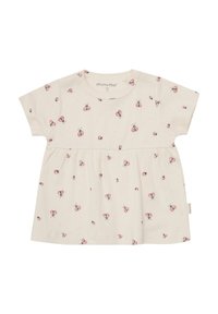 Lys beige kortærmet kjole med ribbet tekstur, prydet med et spredt mønster af marihøner i pink og sort. Elastisk talje for et samlet udtryk.