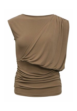 Haut marron sans manches avec tissu drapé asymétrique sur l'épaule droite et détails froncés autour de la taille.