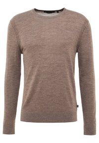 Maglione marrone a maniche lunghe con scollo rotondo, realizzato in un tessuto morbido e strutturato con sottili variazioni di colore. Presenta polsini e orlo a coste.