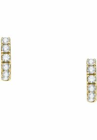 Orecchini a cerchio in oro decorati con sei pietre preziose trasparenti, disposte verticalmente. Finitura liscia, diametro ridotto, design contemporaneo.