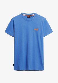 Blauwe katoenen T-shirt met korte mouwen, een ronde halslijn en een oranje geborduurd logo op de borst. Glad textuur, casual ontwerp.
