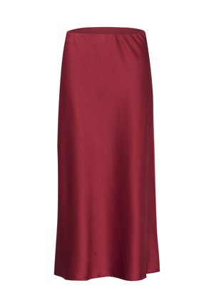 Ein Midirock aus tiefrotem Satin mit glatter Textur, ausgestattet mit einem einfachen, elastischen Bund und einer A-Linien-Silhouette.