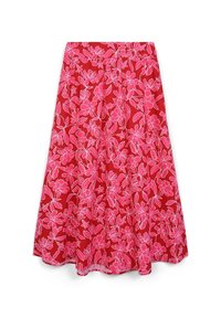 Roter Rock mit einem floralen Muster in Pink und Weiß. Ausgestelltes Design, weicher Stoff und ein elastischer Bund.