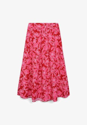 Roter Rock mit einem floralen Muster in Pink und Weiß. Ausgestelltes Design, weicher Stoff und ein elastischer Bund.