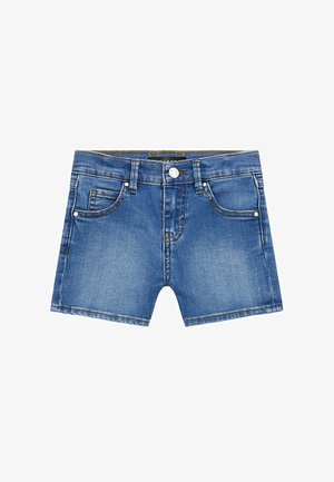 Shorts di denim, lavaggio blu medio, design a cinque tasche, texture leggermente consumata, bottone e rivetti in metallo argentato, dettagli cuciti.