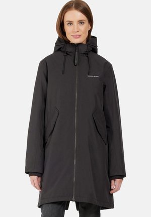 Black weatherproof coat with a hood, zip closure, and front pockets, featuring a smooth fabric and a straight cut design.