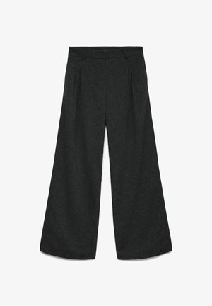 Hlače širokih hlačnic v temno sivi tkanini z teksturirano površino, sprednjimi naborki in standardnim pasom z zankami za pas.