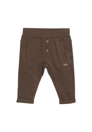 Brązowe spodnie z mieszanki bawełny z dwoma przednimi kieszeniami, elastyczną talią i dwoma guzikami. Wykończone mankietami na kostkach dla eleganckiego wyglądu.