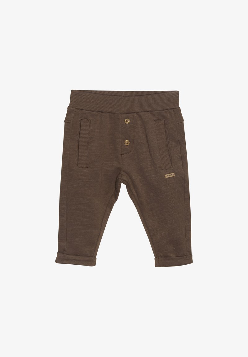 Pantalons en mélange de coton marron avec deux poches avant, ceinture élastique et deux boutons. Retroussés aux chevilles pour un look soigné.