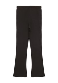 Schwarze Leggings mit einem ausgestellten Saum, aus dehnbarem Stoff hergestellt. Verfügt über einen elastischen Bund und eine durchgehend glatte Textur.