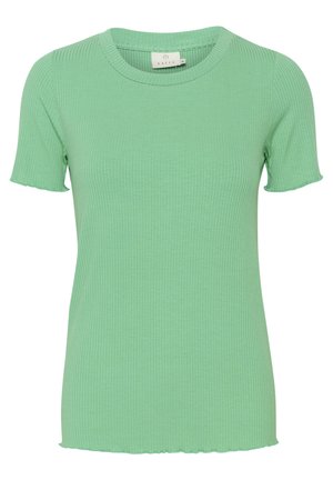 Light green, ribbed short-sleeve t-shirt with a round neck and wavy hem. Made from a soft, stretchy material.