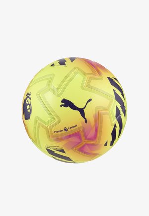 Piłka nożna Puma o jasnopomarańczowej powierzchni z czarnymi akcentami, teksturze w zygzaku oraz logo Premier League.