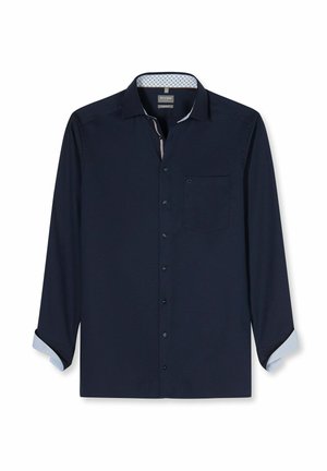 Herren-Langarmhemd in dunkelblau mit Knopfleiste, Brusttasche, breitem Kragen sowie leicht gemustertem Innenfutter an Kragen und Manschetten.