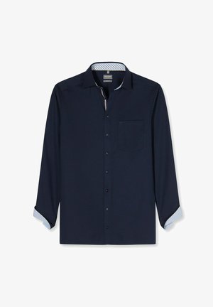 Herren-Langarmhemd in dunkelblau mit Knopfleiste, Brusttasche, breitem Kragen sowie leicht gemustertem Innenfutter an Kragen und Manschetten.