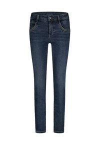 Skinny jeans in donkerblauwe denim, met een gladde textuur. Kenmerken zijn vijf zakken, een ritssluiting en contrasterende stiksels langs de naden.