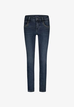 Skinny Jeans aus dunkelblauem Denim mit glatter Textur. Eigenschaften sind fünf Taschen, ein Reißverschluss und kontrastierende Nähte entlang der Säume.