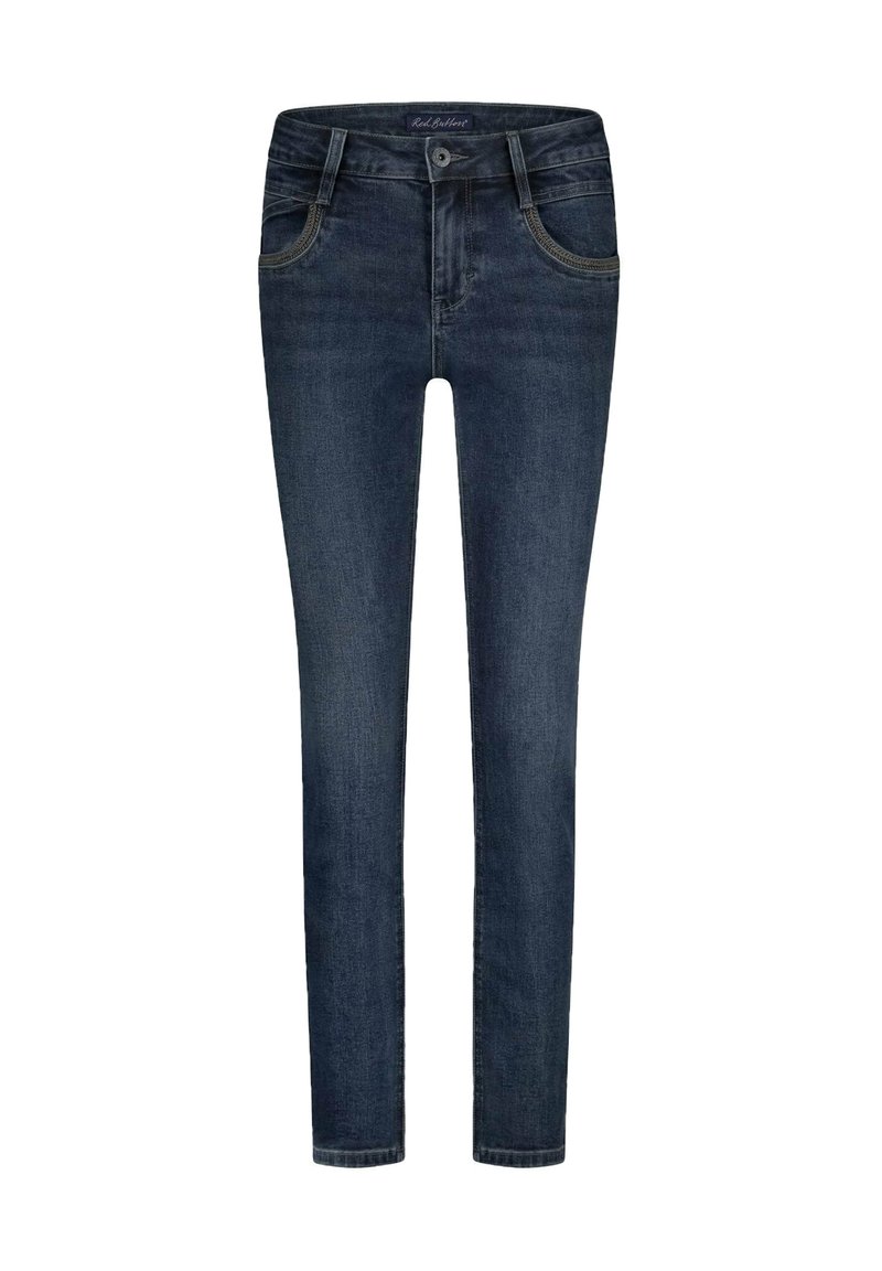 Skinny jeans in donkerblauwe denim, met een gladde textuur. Kenmerken zijn vijf zakken, een ritssluiting en contrasterende stiksels langs de naden.