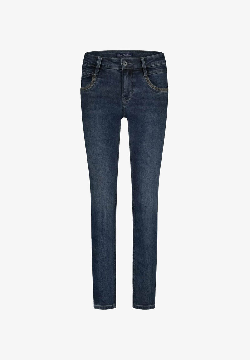 Skinny jeans in donkerblauwe denim, met een gladde textuur. Kenmerken zijn vijf zakken, een ritssluiting en contrasterende stiksels langs de naden.