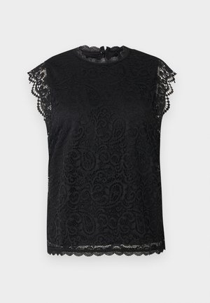 Μαύρο κοντομάνικο μπλουζάκι από δαντέλα με κυματιστά τελειώματα, ψηλό λαιμόκοψη και περίπλοκα λουλουδένια σχέδια, παρουσιάζεται σε ουδέτερο φόντο.