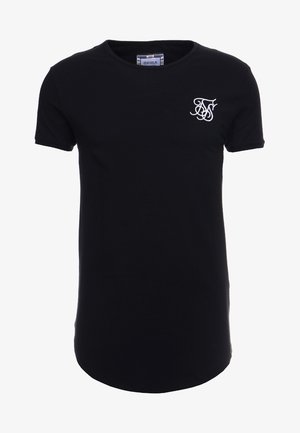 T-shirt noir à manches courtes avec col rond, logo blanc brodé sur le côté gauche de la poitrine et ourlet arrondi en bas.