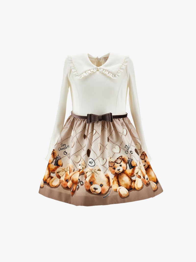 Robe à manches longues avec un haut blanc et une jupe beige à motifs de nounours, ornée d'un col volanté, d'un nœud marron et de motifs en forme de cœur.