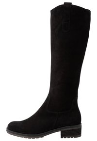 Botas altas de ante negras con punta redondeada, costuras cosidas, una tira en la parte superior y un tacón de bloque texturizado para un soporte estable.