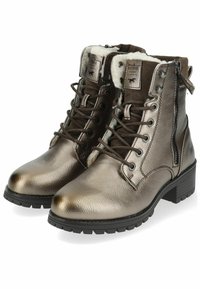 Metalen bronzen enkellaarsjes met veters, zijrits, leren bovenwerk, nepbonten voering en een gestructureerde zool. Voorzien van een stevige blokhak.