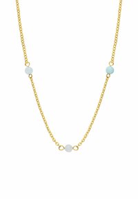 Gouden ketting met schakels, versierd met drie lichtblauwe kralen en ovale schakels, met een gladde textuur en een eenvoudig, elegant ontwerp.