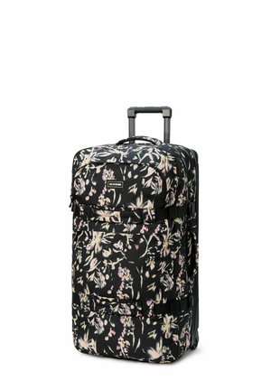 Koffer mit einem floralen Muster auf schwarzem Stoff, ausgestattet mit zwei Vordertaschen, einem ausziehbaren Griff und schwarzen Riemen.