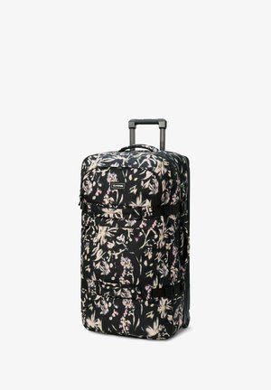 Koffer mit einem floralen Muster auf schwarzem Stoff, ausgestattet mit zwei Vordertaschen, einem ausziehbaren Griff und schwarzen Riemen.