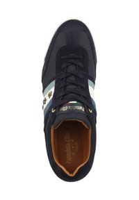 Navy blue sneaker with mesh and suede materials, featuring multicolored stripes, gold accents, and a textured sole. Gold logo inside.