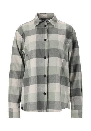 Grünes und graues Karo-Hemd mit langen Ärmeln, aus weichem Stoff gefertigt. Verfügt über einen klassischen Kragen und schwarze Knöpfe entlang der Vorderseite.