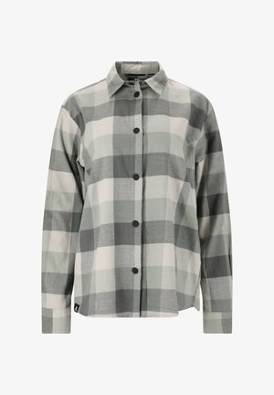 Chemise à carreaux verte et grise à manches longues, fabriquée en tissu doux. Présente un col classique et des boutons noirs sur le devant.