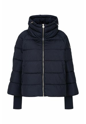 Chaqueta acolchada de color azul marino con cuello alto, cremallera frontal, puños acanalados largos extendidos y bolsillos laterales.