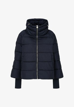 Námořnicky modrá prošívaná péřová bunda s vysokým límcem, předním zipem, dlouhými prodlouženými žebrovanými manžetami a bočními kapsami.