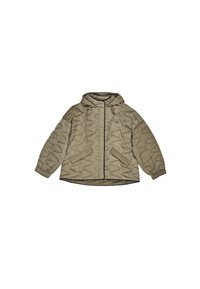 Abrigo acolchado verde oliva con capucha, que presenta un diseño acolchado, puños elásticos, dos bolsillos frontales y ajustes con cordón.