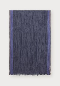 Textile scarf featuring crinkled dark navy fabric, bordered with smooth purple and maroon stripes, with frayed edges.