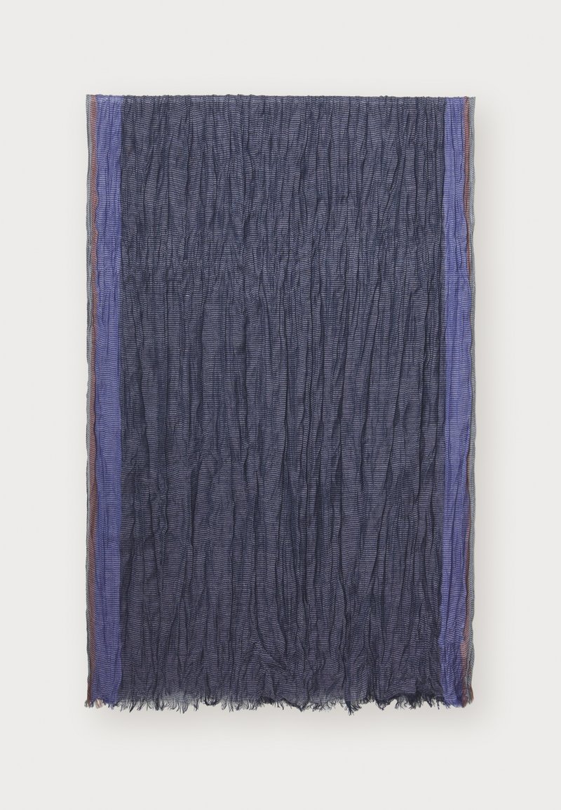 Textile scarf featuring crinkled dark navy fabric, bordered with smooth purple and maroon stripes, with frayed edges.