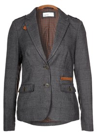 Blazer à carreaux gris avec deux boutons, doublure intérieure marron, accents marron sur les poches et le col, et poches à rabat à l'avant.