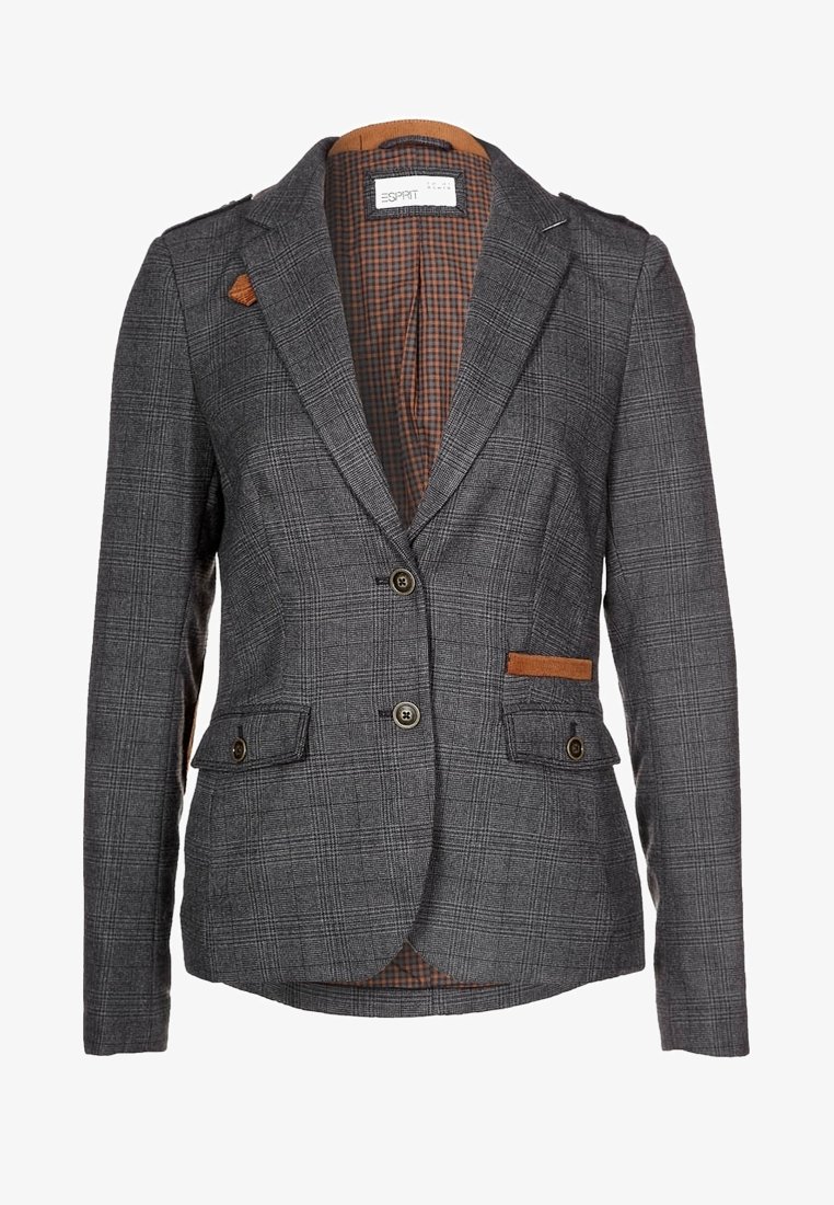 Gray plaid blazer with two buttons, brown inner lining, brown accents on pockets and collar, and flap pockets on front.