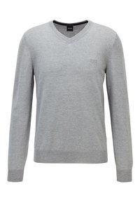 Grauer V-Ausschnitt-Pullover aus weichem Material mit langen Ärmeln, gerippten Bündchen und Saum. Verfügt über ein kleines Markenlogo auf der Brust.
