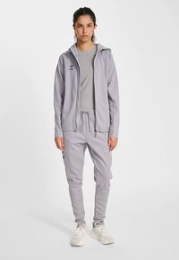 Hellgraues Sportoutfit bestehend aus einem Kapuzenpullover mit Reißverschluss und passenden Jogginghosen. Der Stoff hat eine weiche Textur mit dezentem Branding auf der Brust.