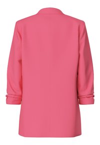 Roze blazer s oštrim ovratnikom, dugim rukavima i smotanim manžetama. Glatka tkanina, krojena fit, s ravnim dizajnom leđa.