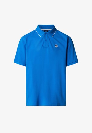 Polo a maniche corte blu con abbottonatura a due bottoni, bordo bianco sul colletto e piccolo logo circolare sul petto sinistro.