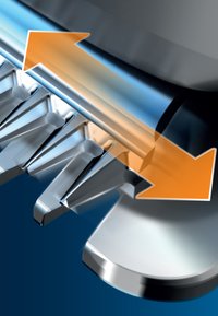 Prodotto metallico elegante con una texture lucida, dotato di denti appuntiti e frecce direzionali che indicano il movimento. Sfondo a gradiente blu.